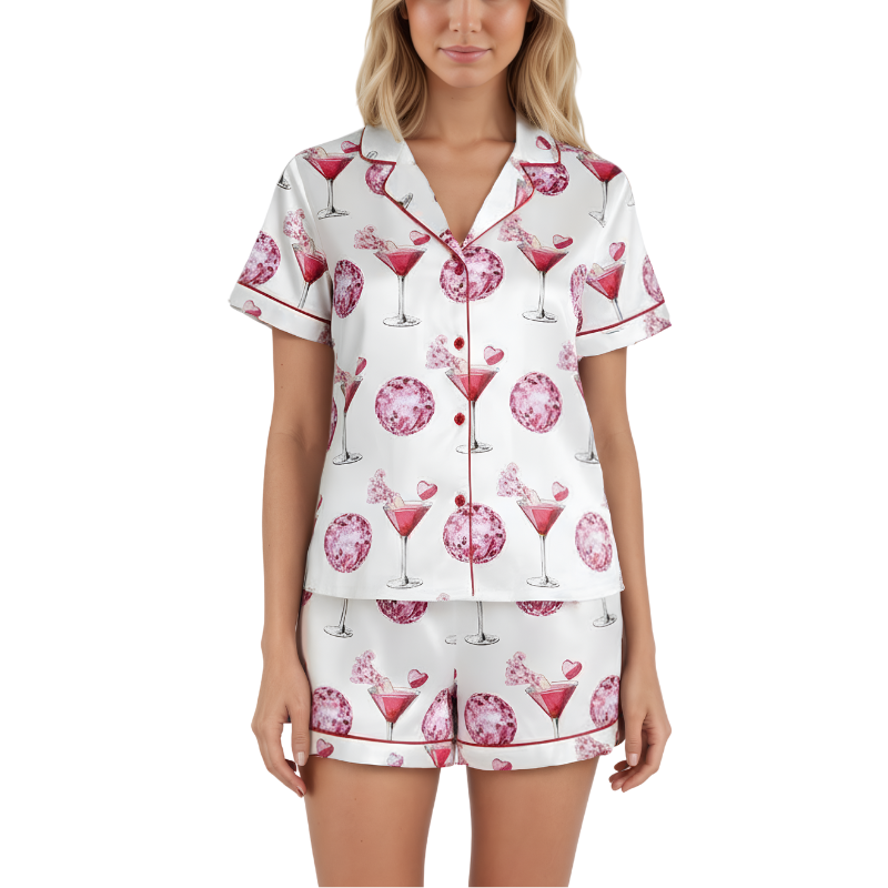 Valentines Day Satin Pajama Set With Glass Print