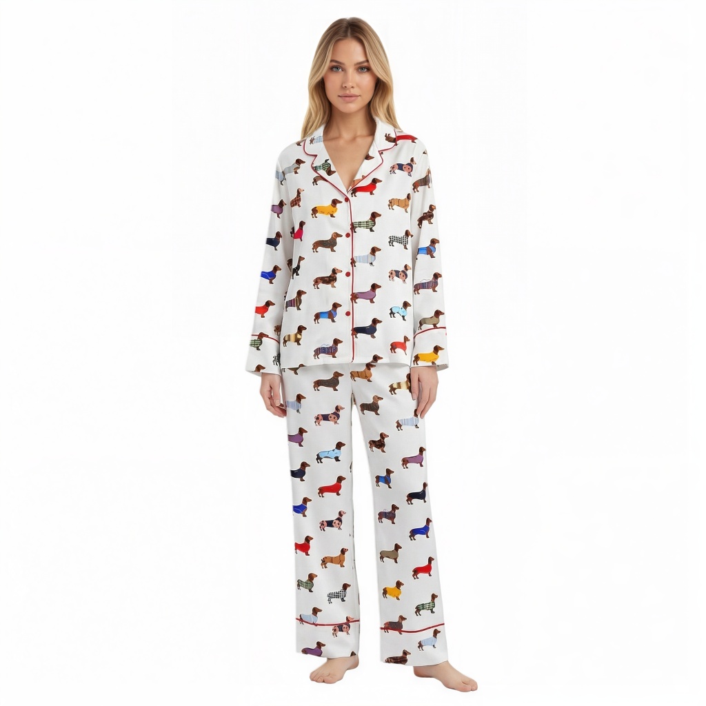 Dachshund Print Button Front Pajama Set
