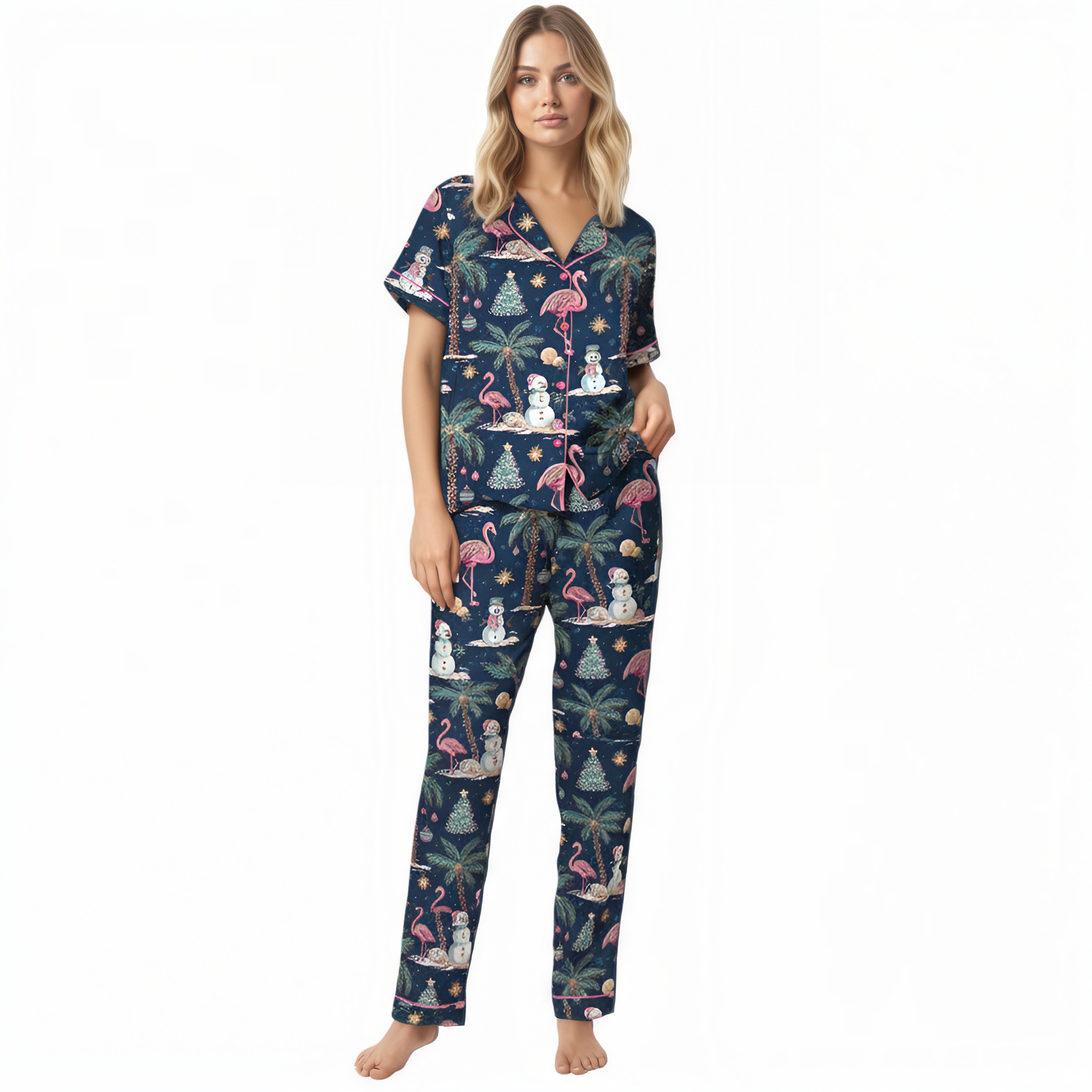 Flamingo Christmas Printed Silky Pajama Set