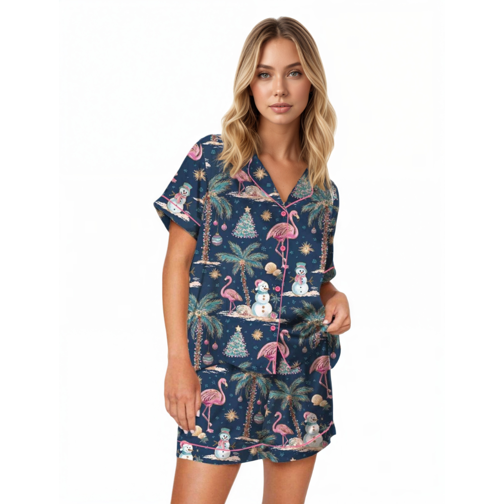 Flamingo Christmas Printed Silky Pajama Set
