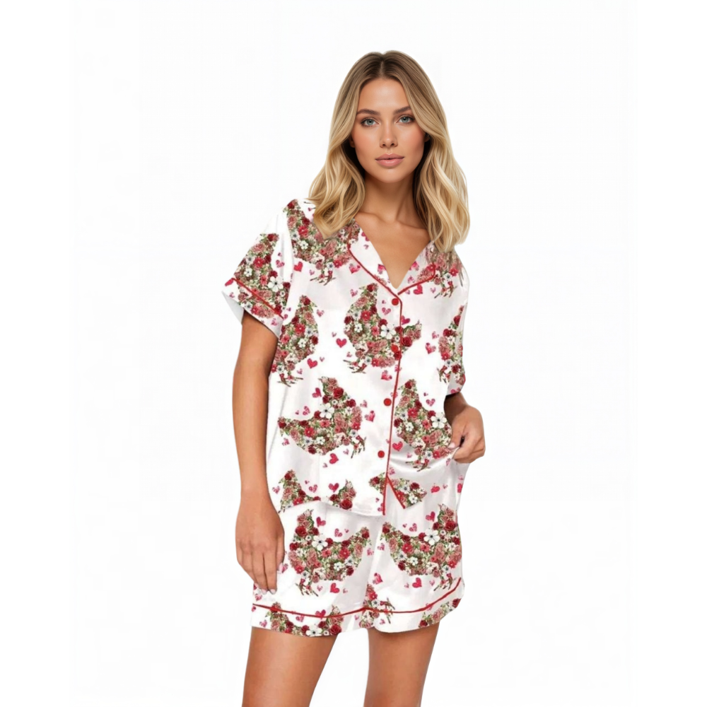 Floral Chicken Valentine Print Pajama Set