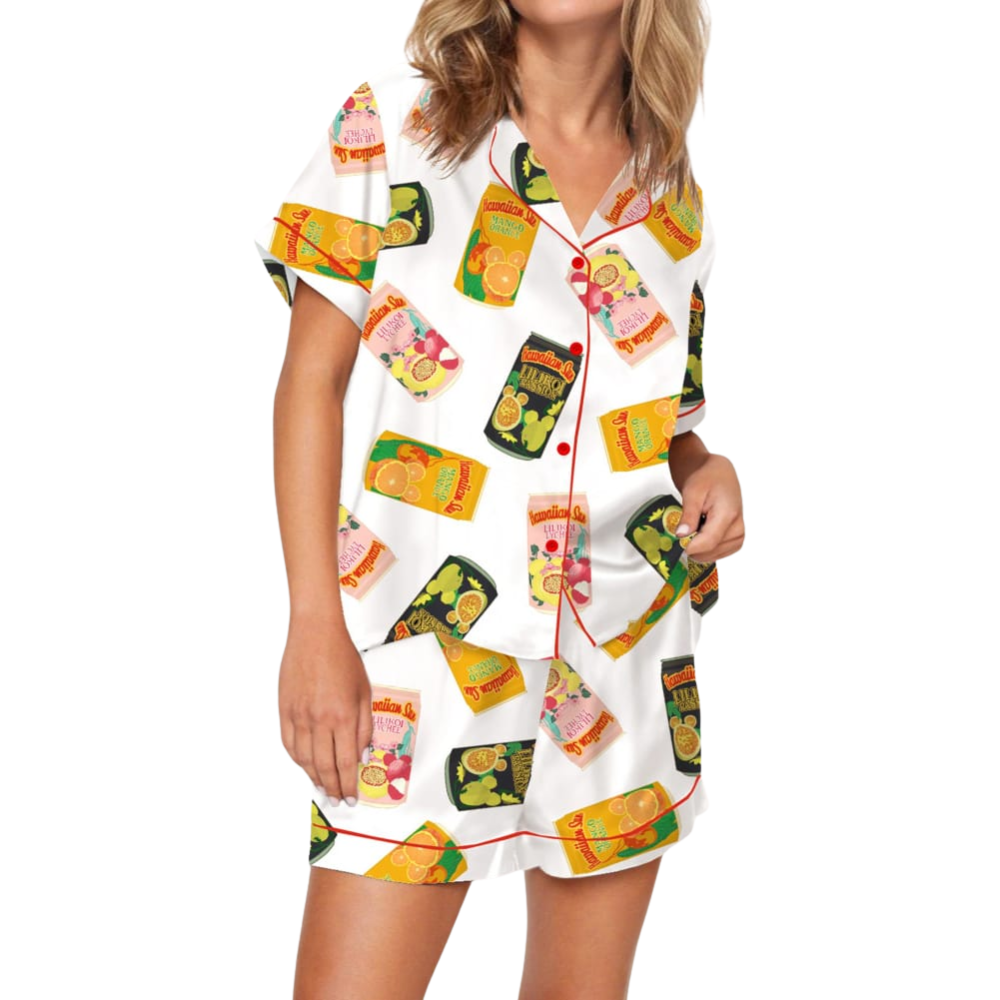 Hawaiian Drinks Print Satin Pajama Set