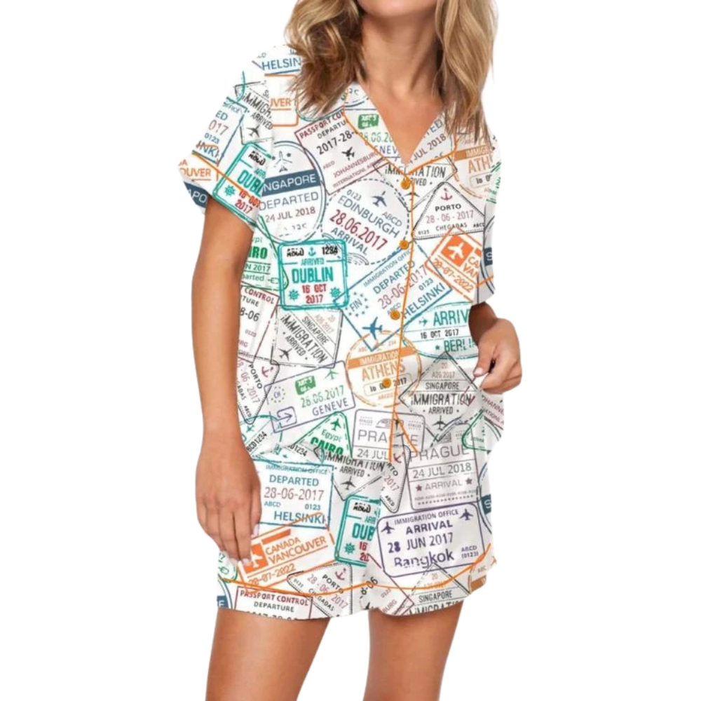 Passport Travel Stamps Printed Pajama Set