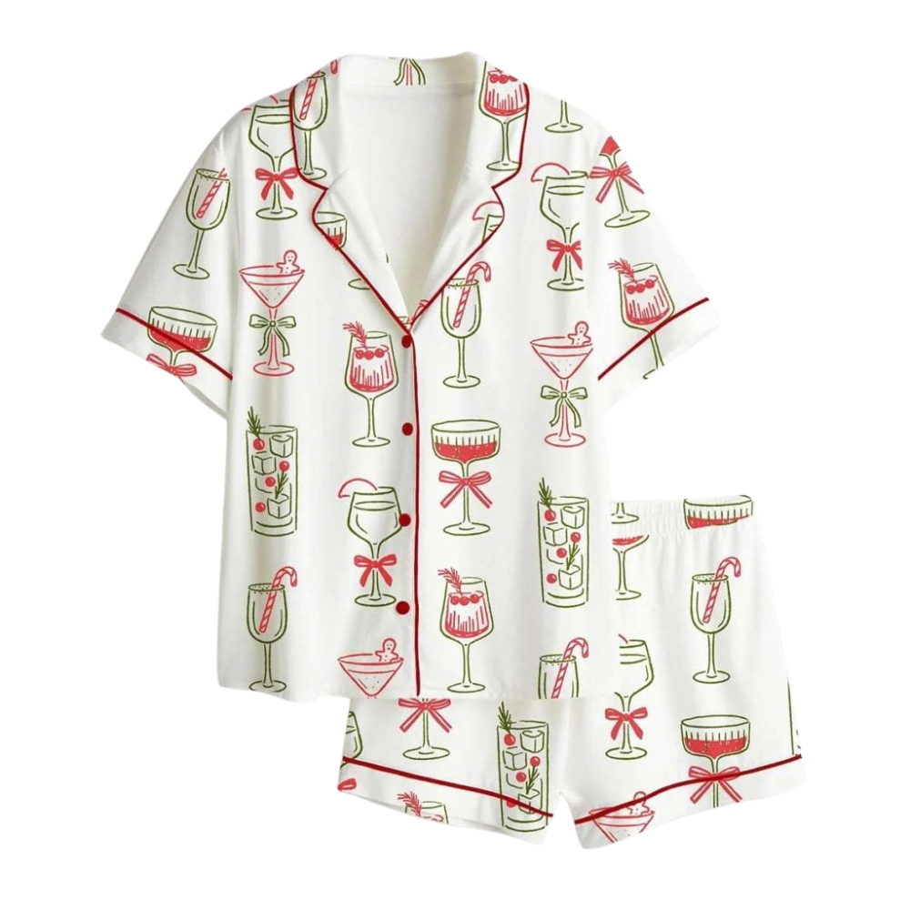 Festive Drinks Pattern Satin Pajama Set For Holiday Gatherings