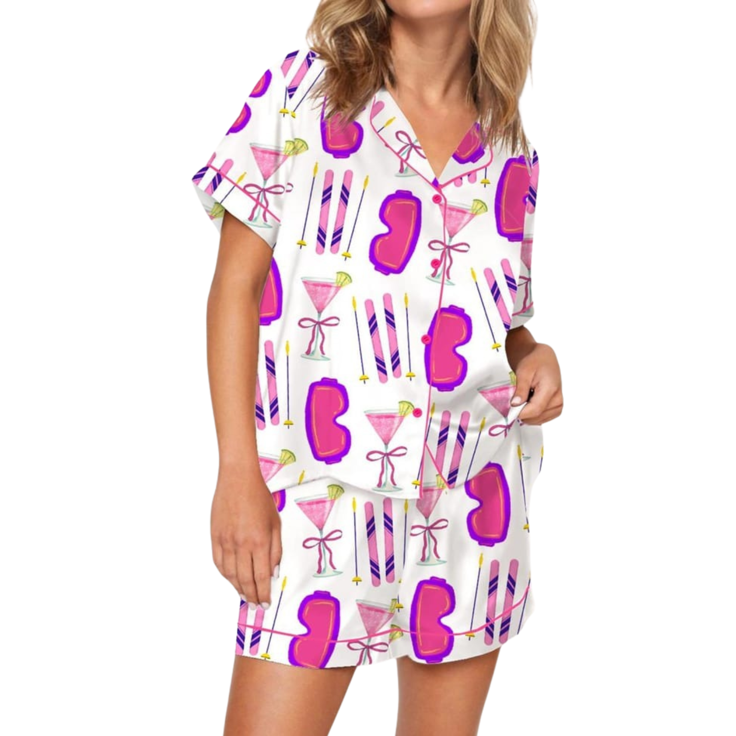 Short Sleeve Top And Shorts For Women With Printed Glasses And Ribbon Design