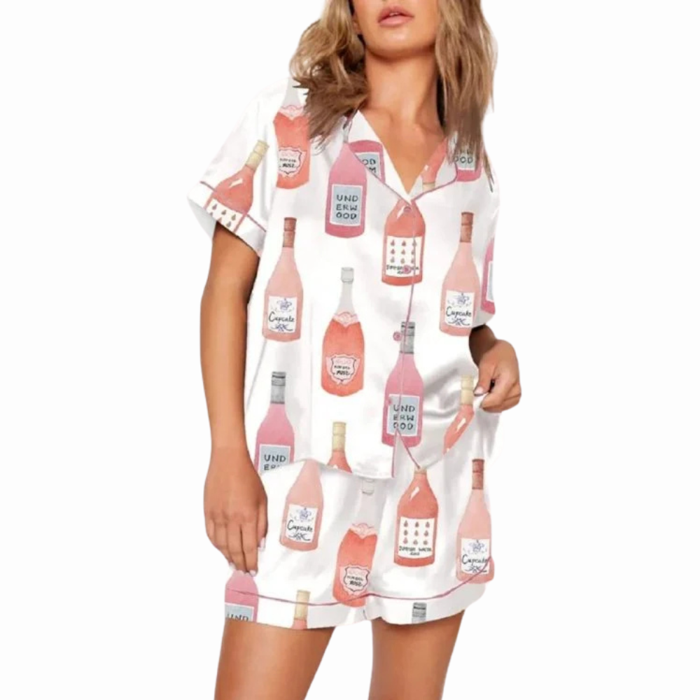 Rose Wine Bottle Print Pajama Set