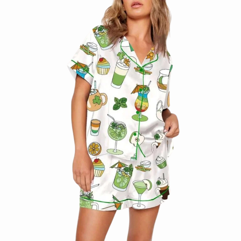 Green Cocktail Print Pajama Set