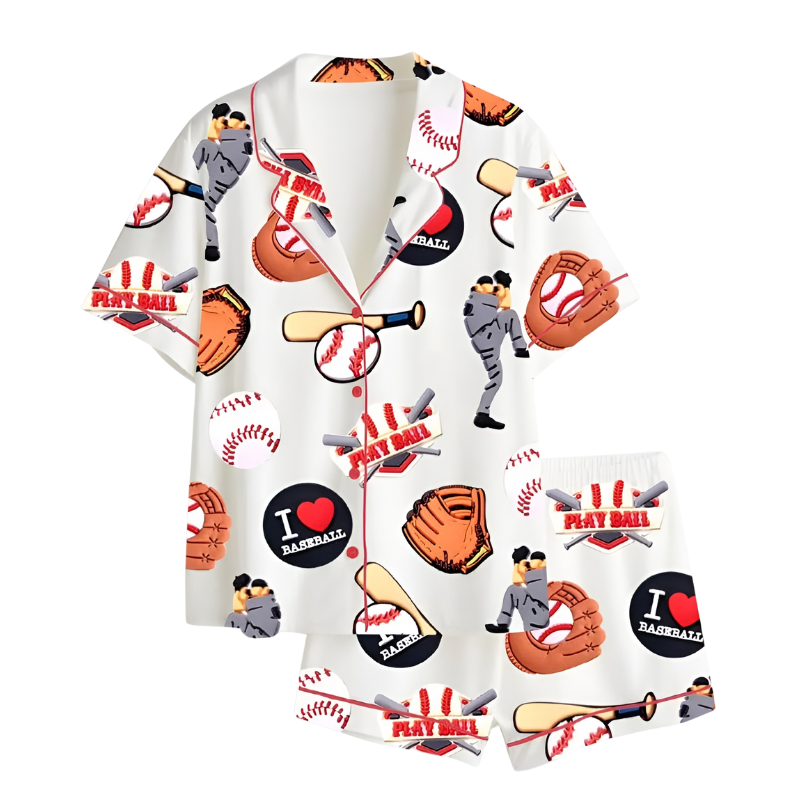 Baseball Game Print Satin Pajama Set