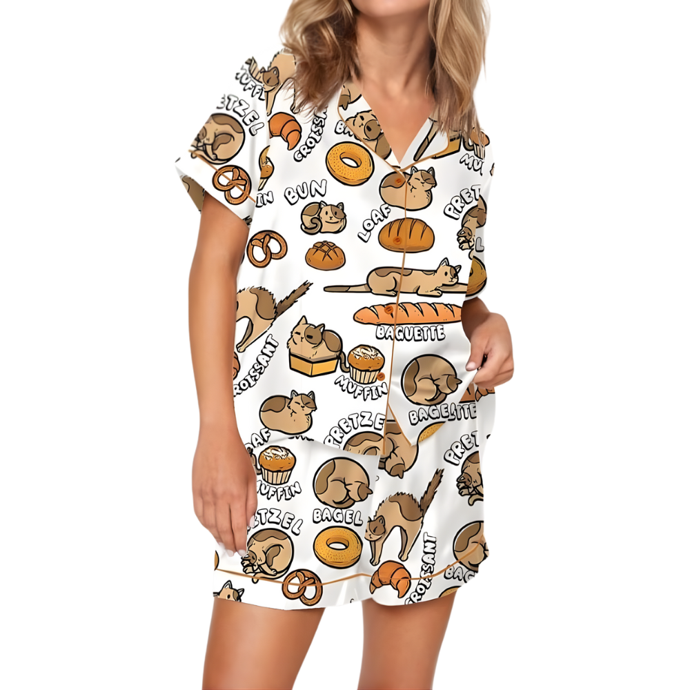 Cat Bread Graphic Themed Satin Sleepwear Pajama Set