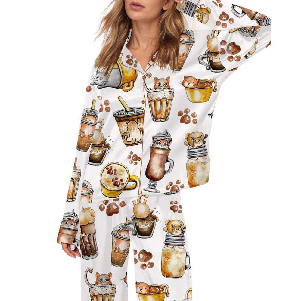 Coffee And Cats Satin Pajama Set