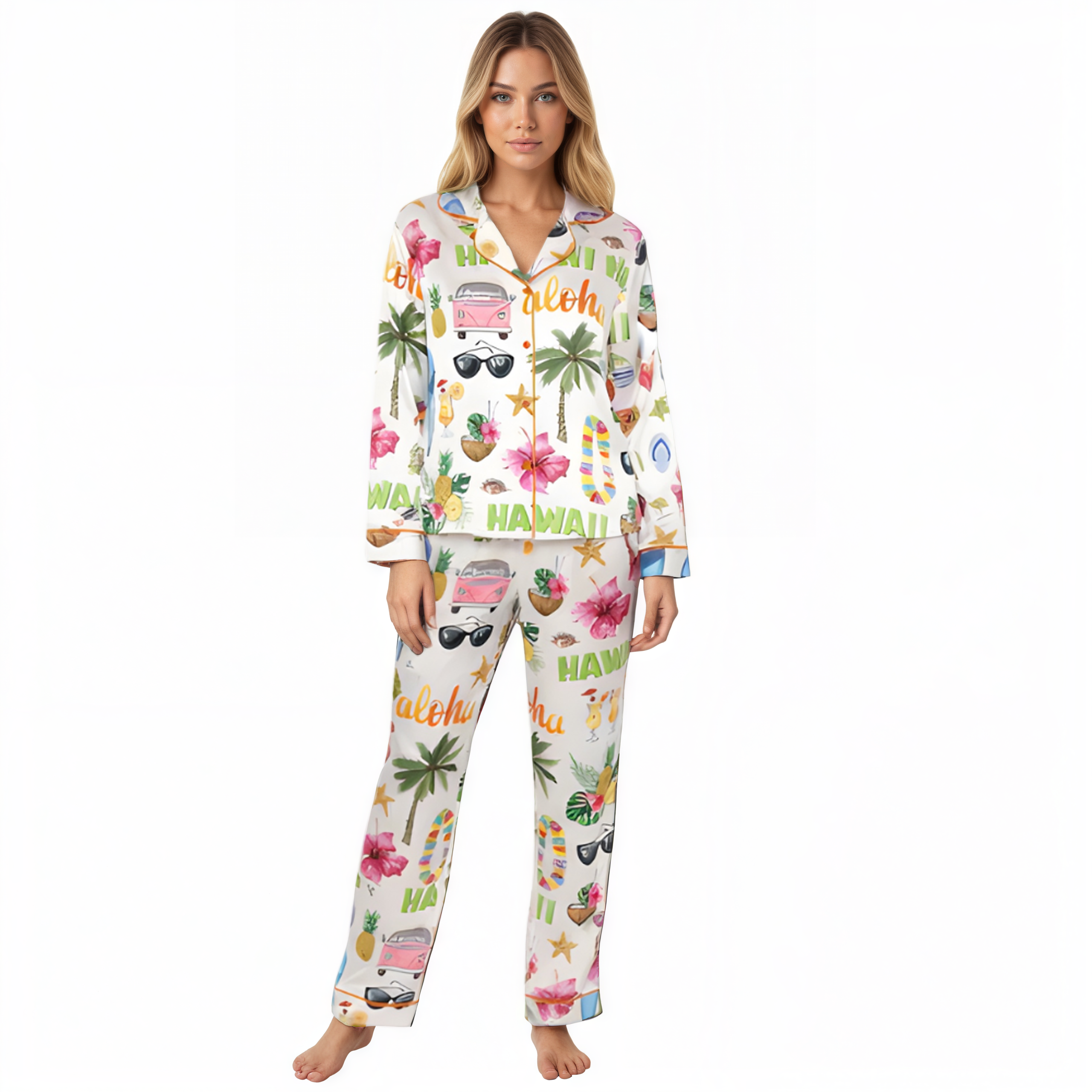 Hawaii Travel Print Satin Pajama Set