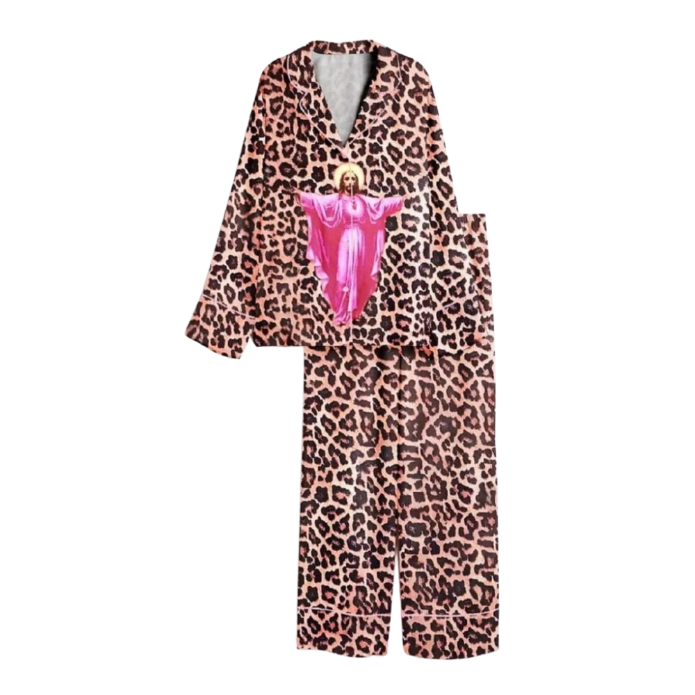 Faith Inspired Leopard Pattern Satin Pajama Set