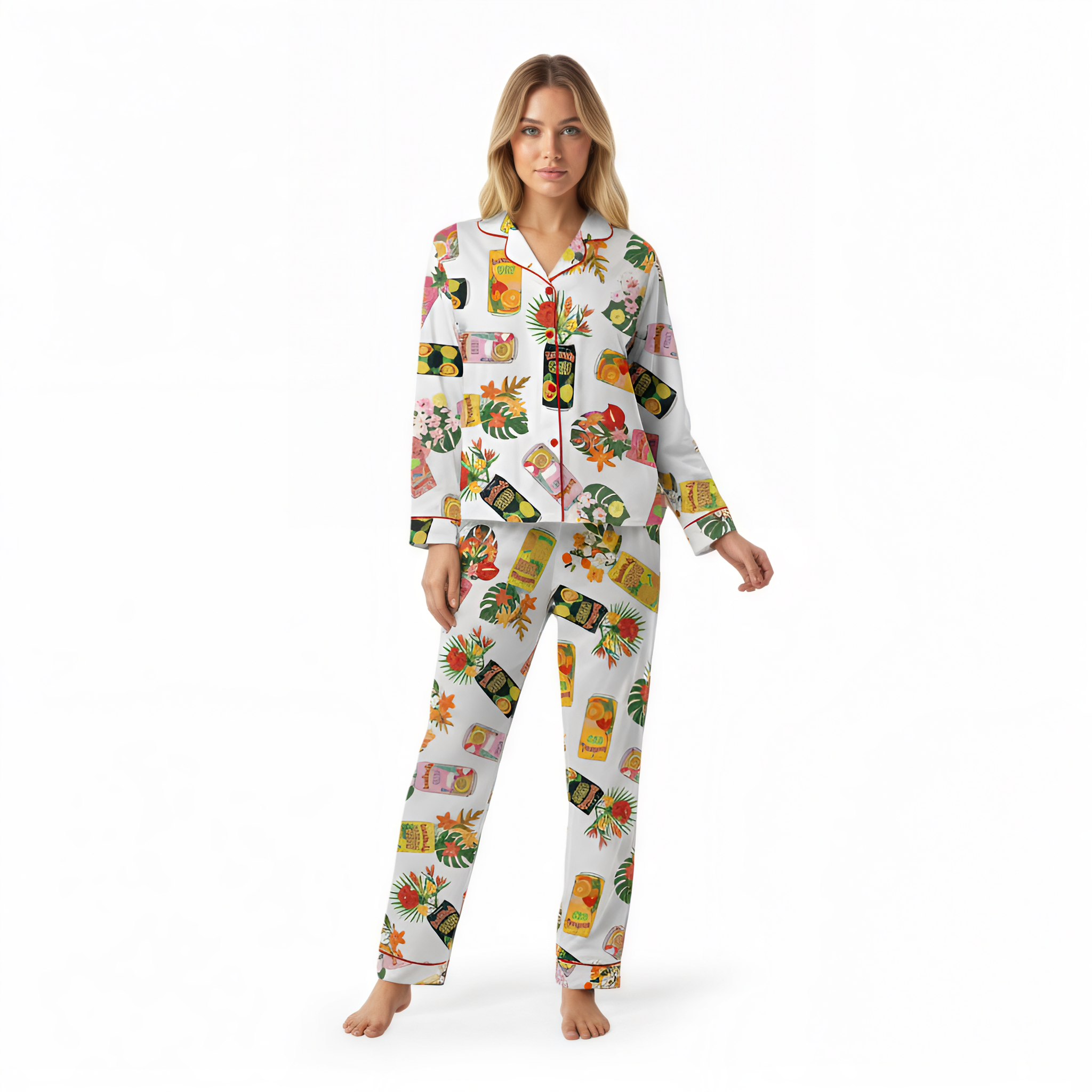 Hawaiian Style Guava Can Print Satin Pajama Set
