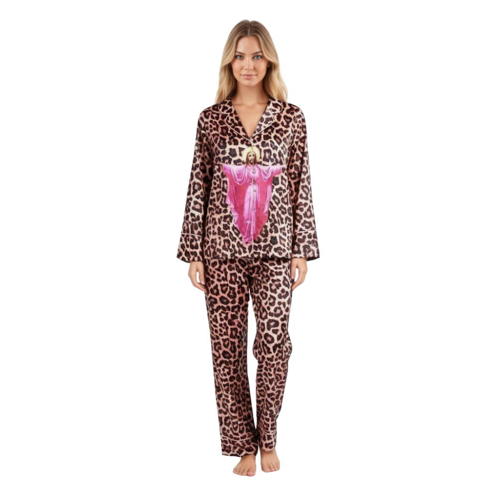 Faith Inspired Leopard Pattern Satin Pajama Set
