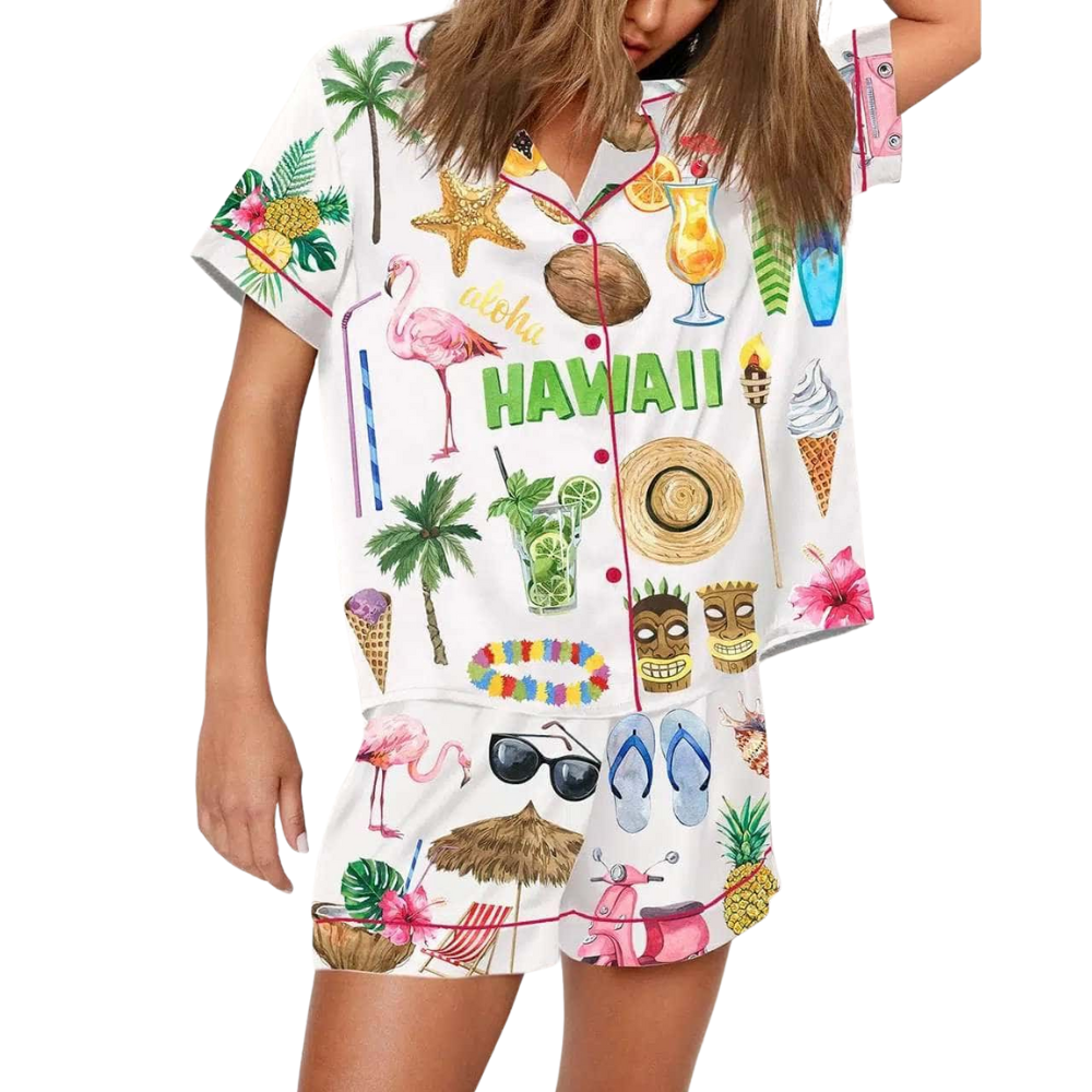 Hawaii Aloha Travel Print Satin Pajama Set