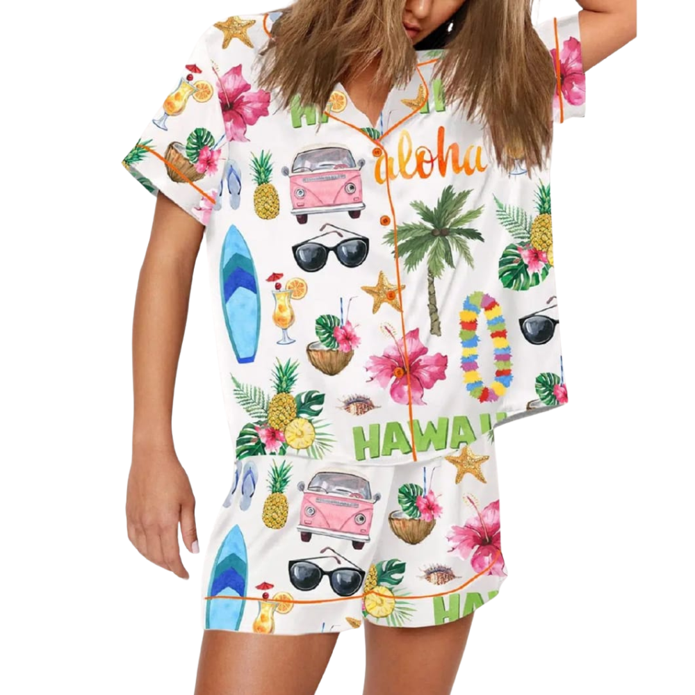 Hawaii Travel Print Satin Pajama Set