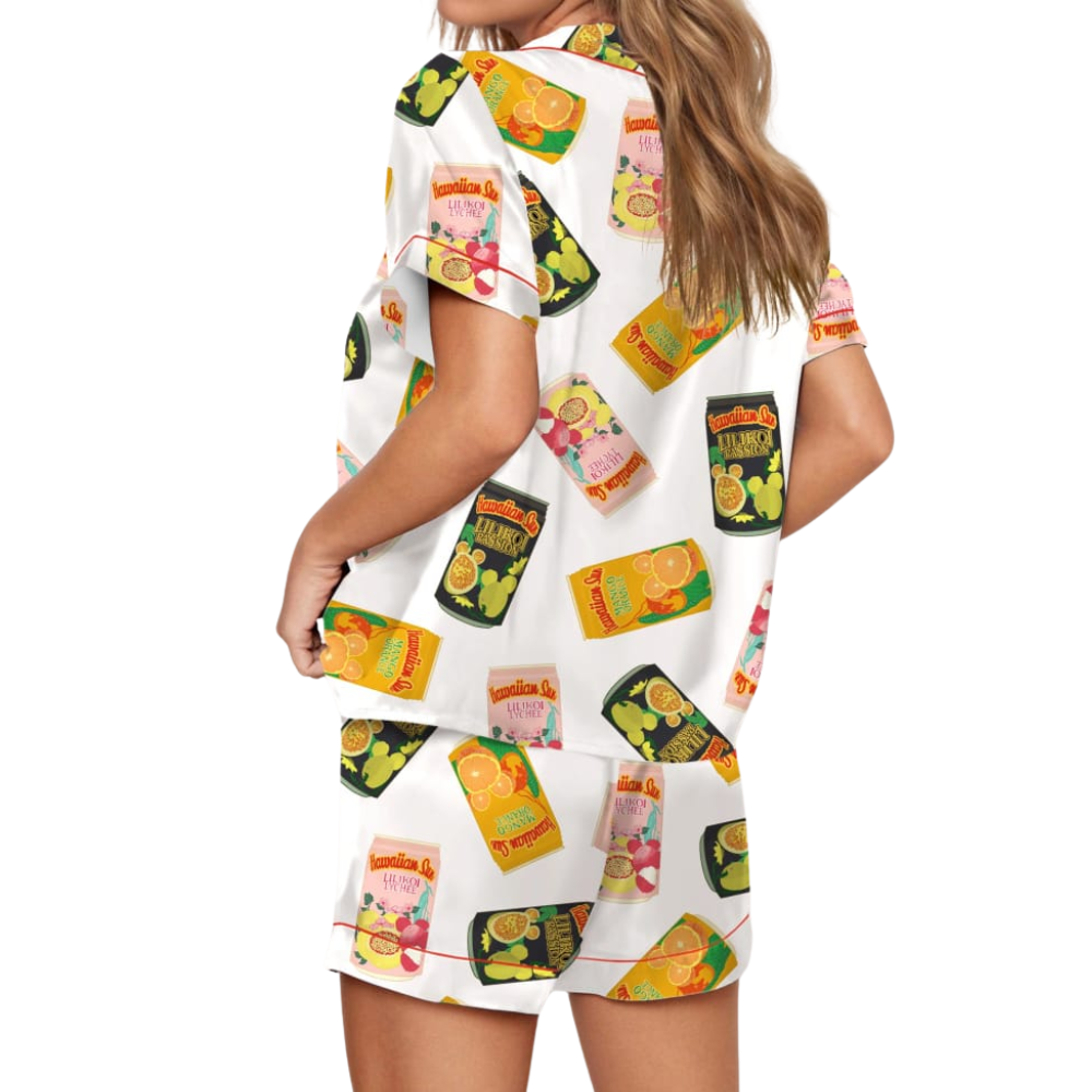 Hawaiian Drinks Print Satin Pajama Set