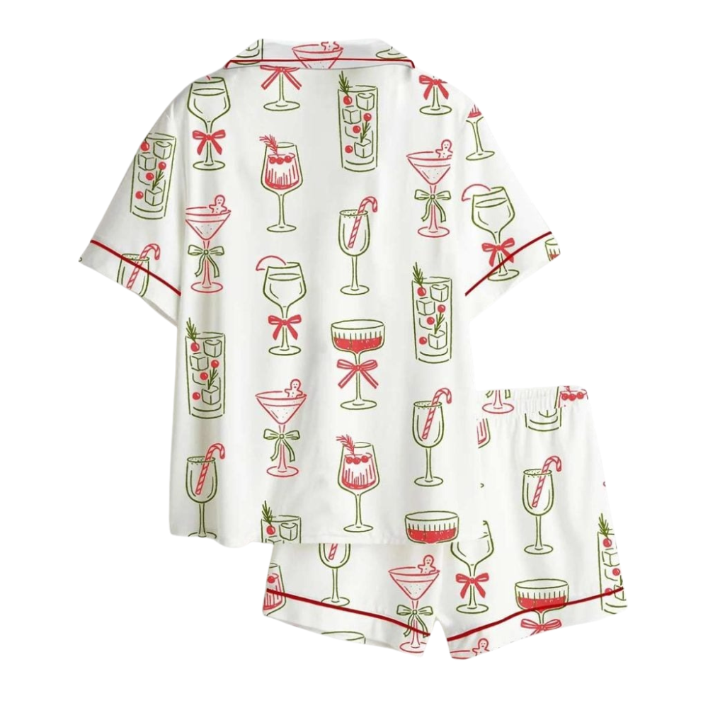 Festive Drinks Pattern Satin Pajama Set For Holiday Gatherings