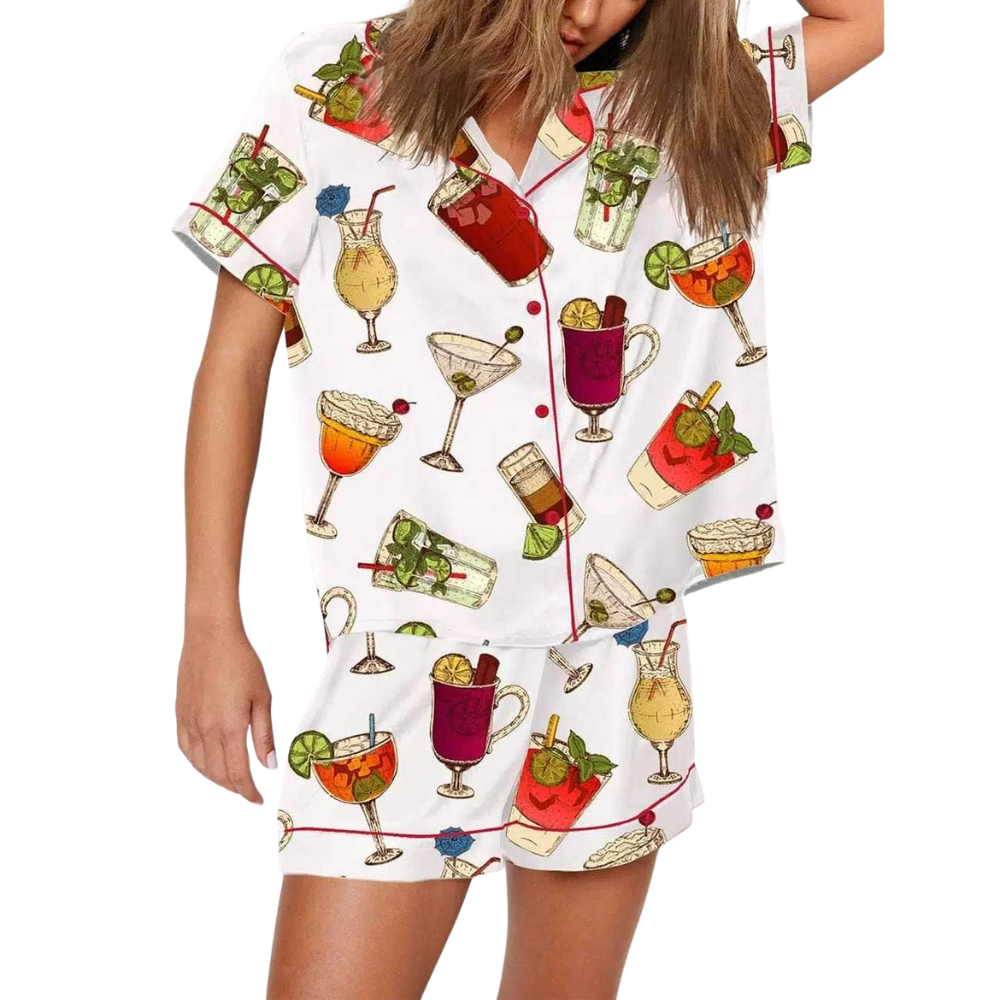 Glass Pattern Button Front Shirt And Shorts Pajama Set