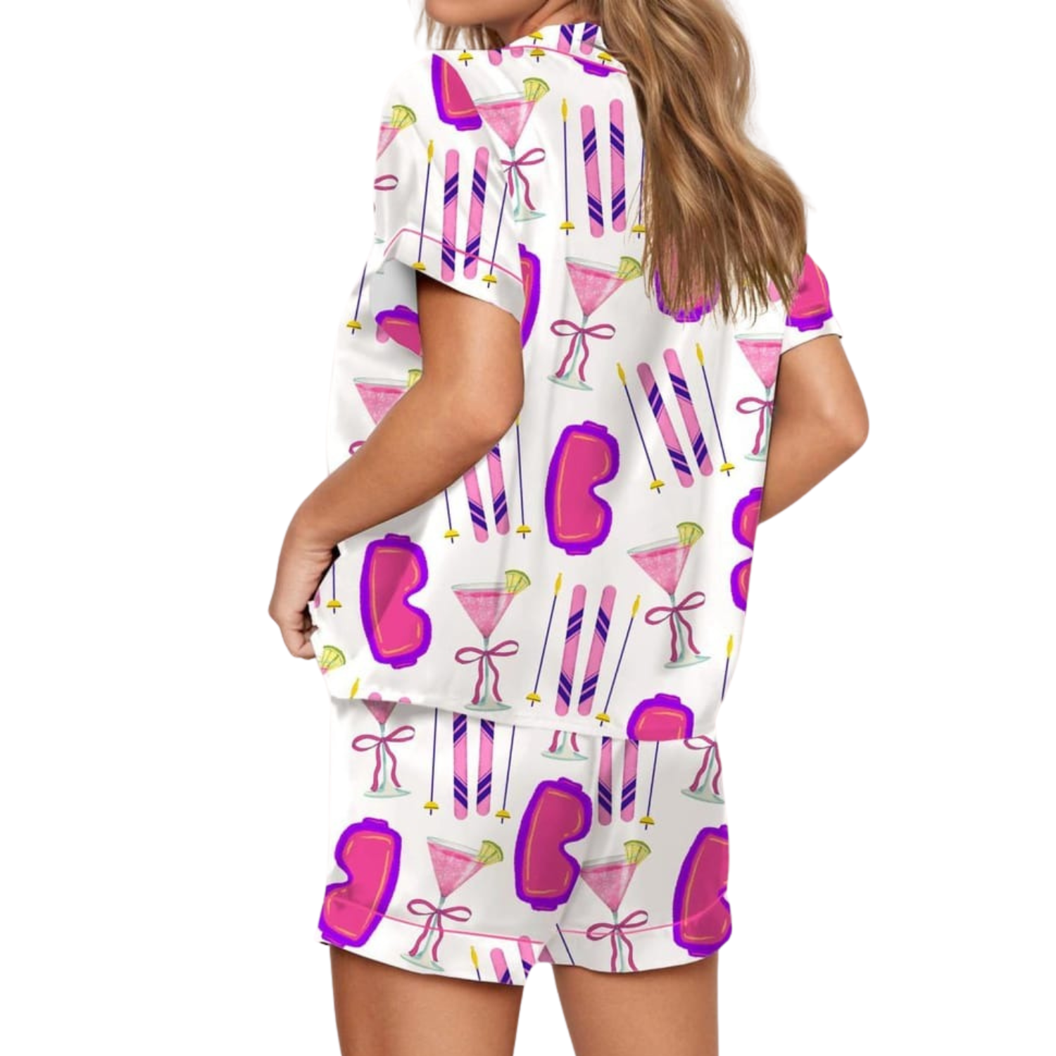 Short Sleeve Top And Shorts For Women With Printed Glasses And Ribbon Design