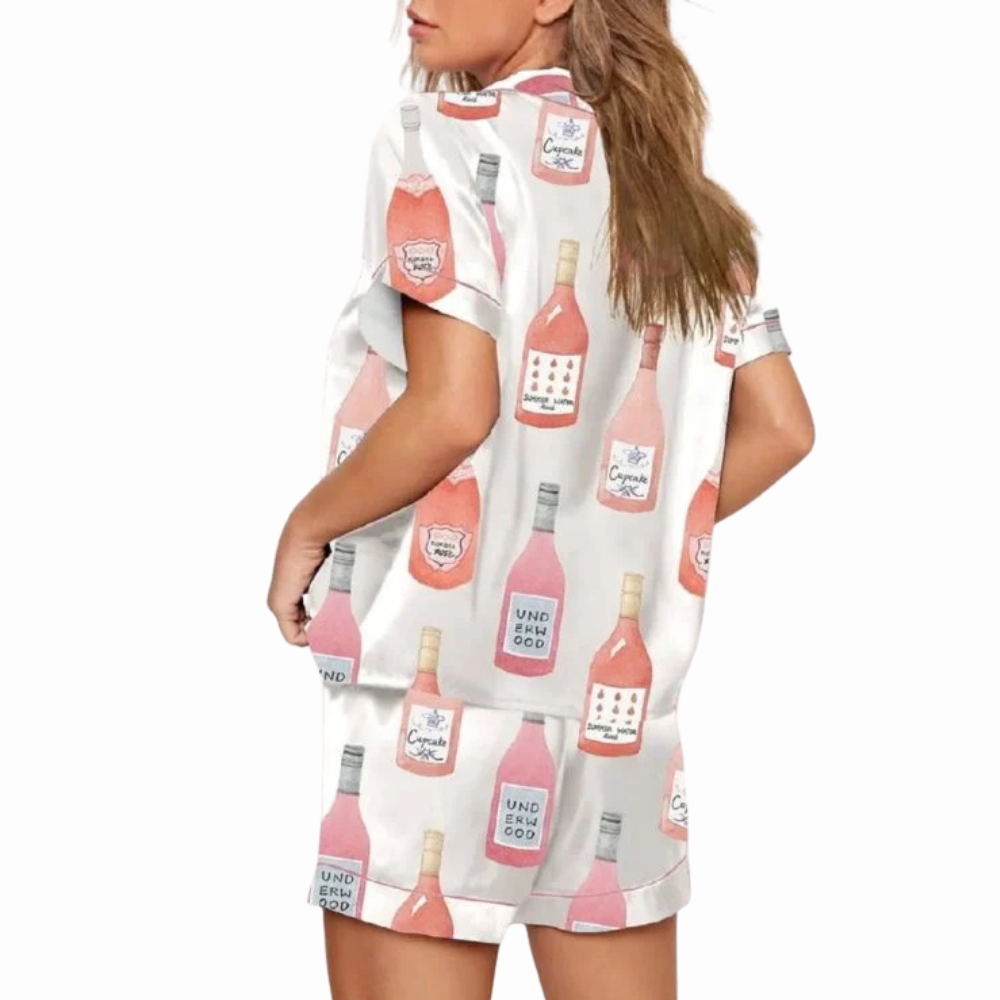 Rose Wine Bottle Print Pajama Set