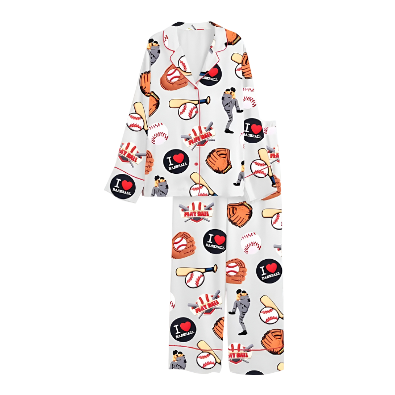 Baseball Game Print Satin Pajama Set