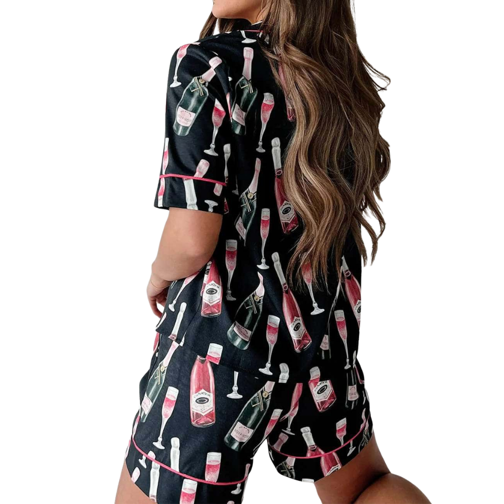 Champagne Print Short Sleeve Satin Pajama Set