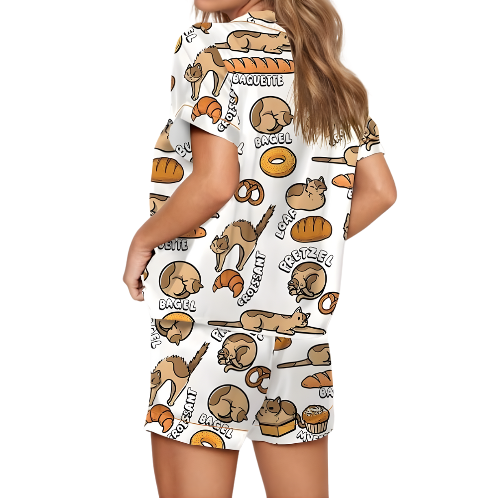 Cat Bread Graphic Themed Satin Sleepwear Pajama Set