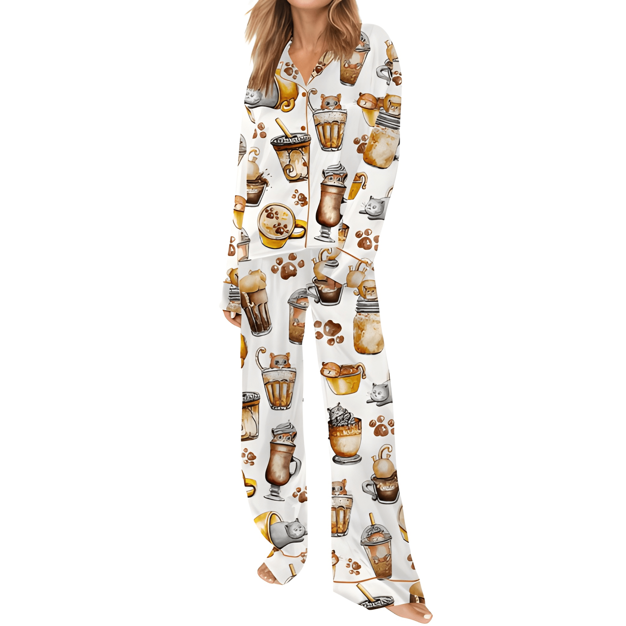 Coffee And Cats Satin Pajama Set
