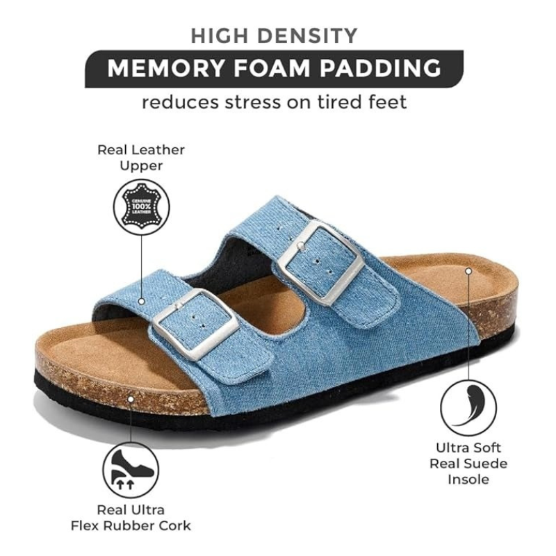 Leather Buckle Slides With Adjustable Straps Cork Footbed