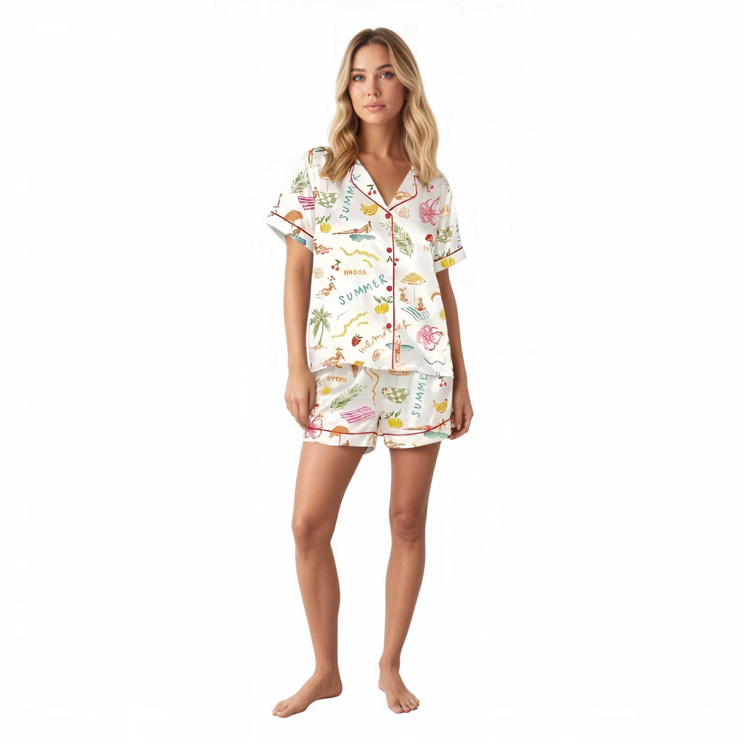 Tropical Trees Themed Pajama Set With Fruity Glass And Summer Vibes
