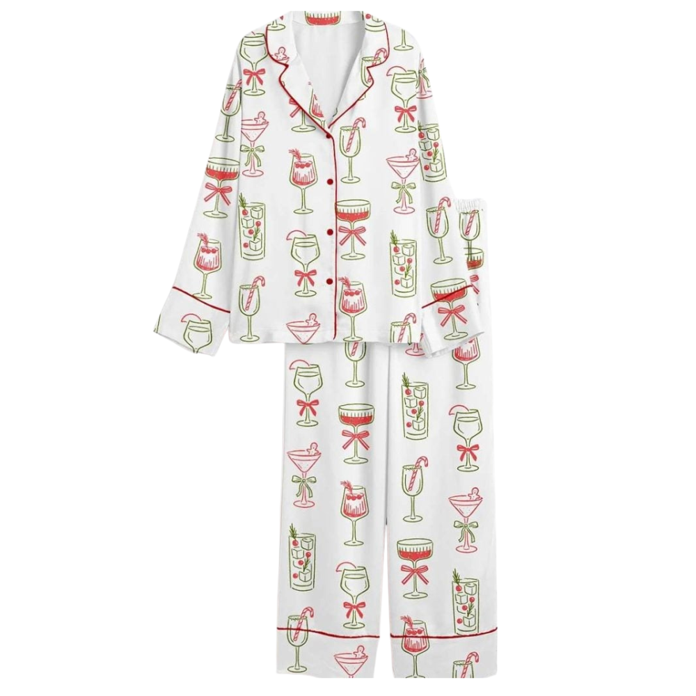 Festive Drinks Pattern Satin Pajama Set For Holiday Gatherings