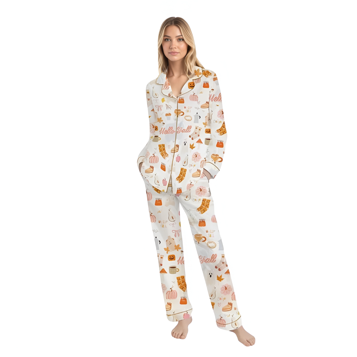 Hello Fall Printed Shirt And Shorts Sleepwear Set For Women
