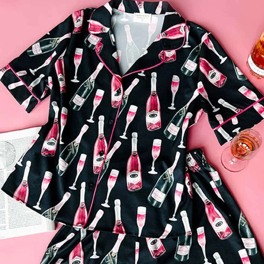 Champagne Print Short Sleeve Satin Pajama Set