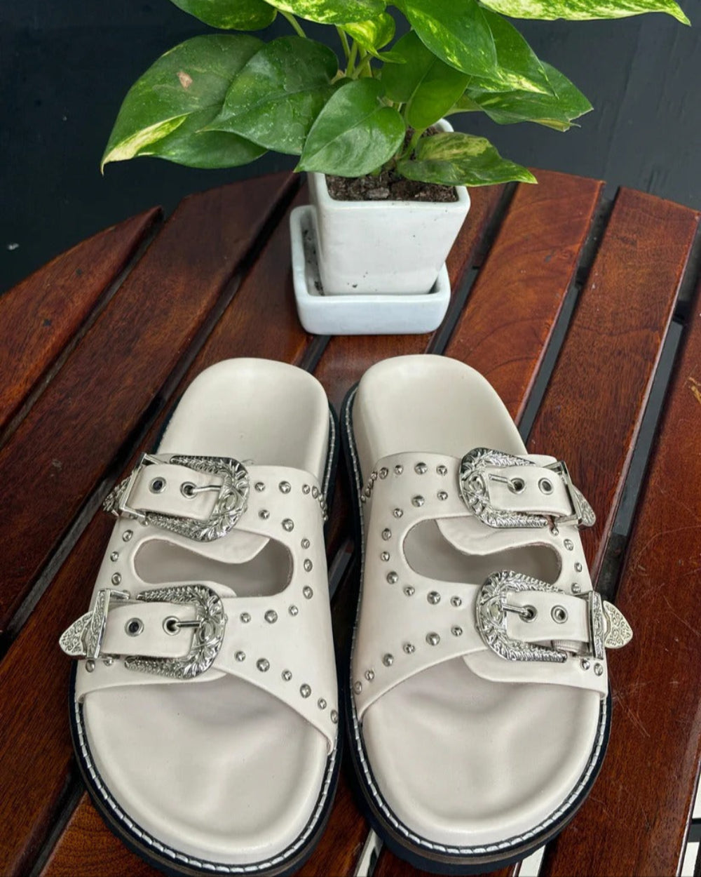 Silver Studded Buckled Sandals