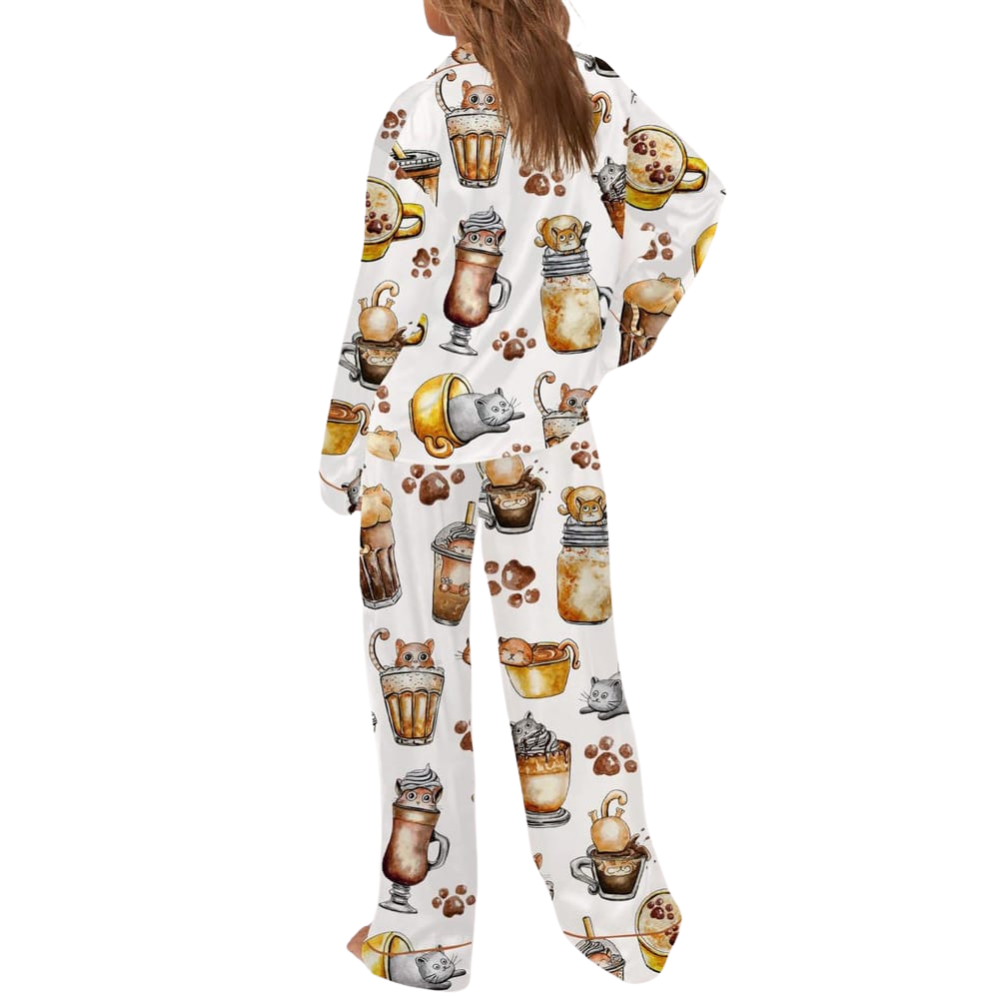 Coffee And Cats Satin Pajama Set