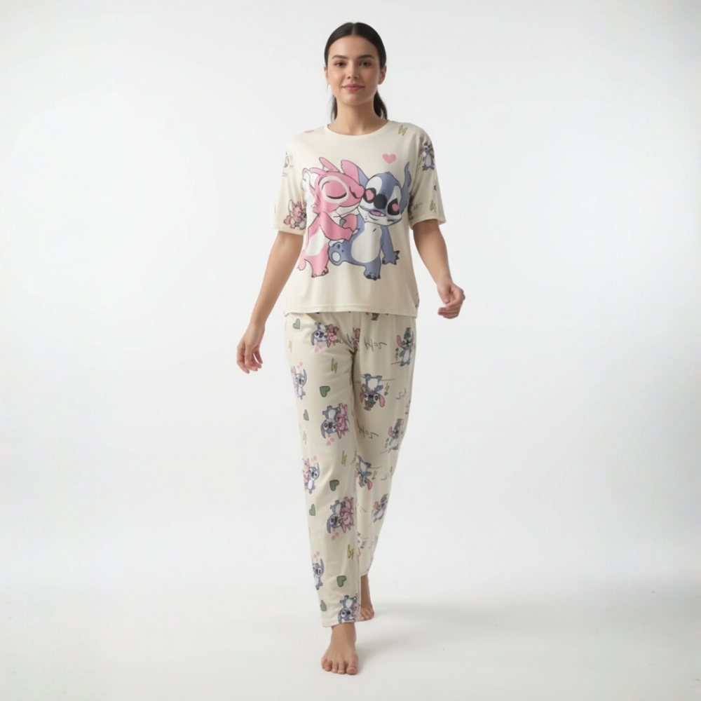 Women Short Sleeve Pajamas with All Over Character Print