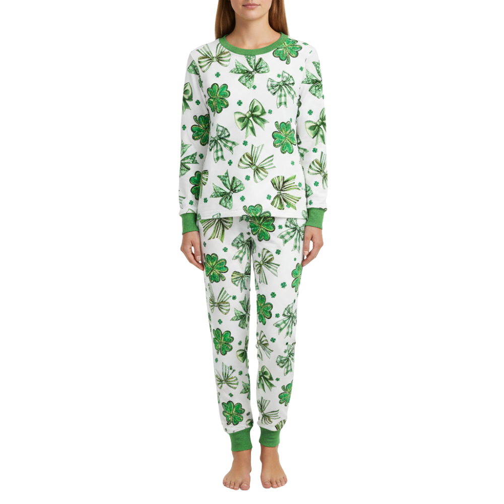 Shamrock And Bow Themed Printed Pajama Set