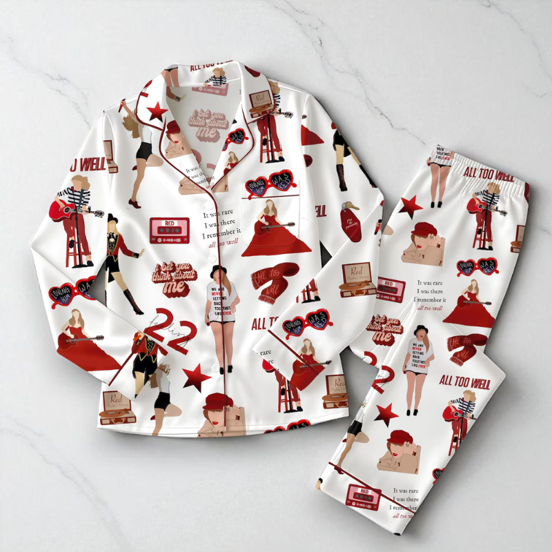 TS Inspired Satin Pajama Set With Red Era Album Themed Graphic Prints