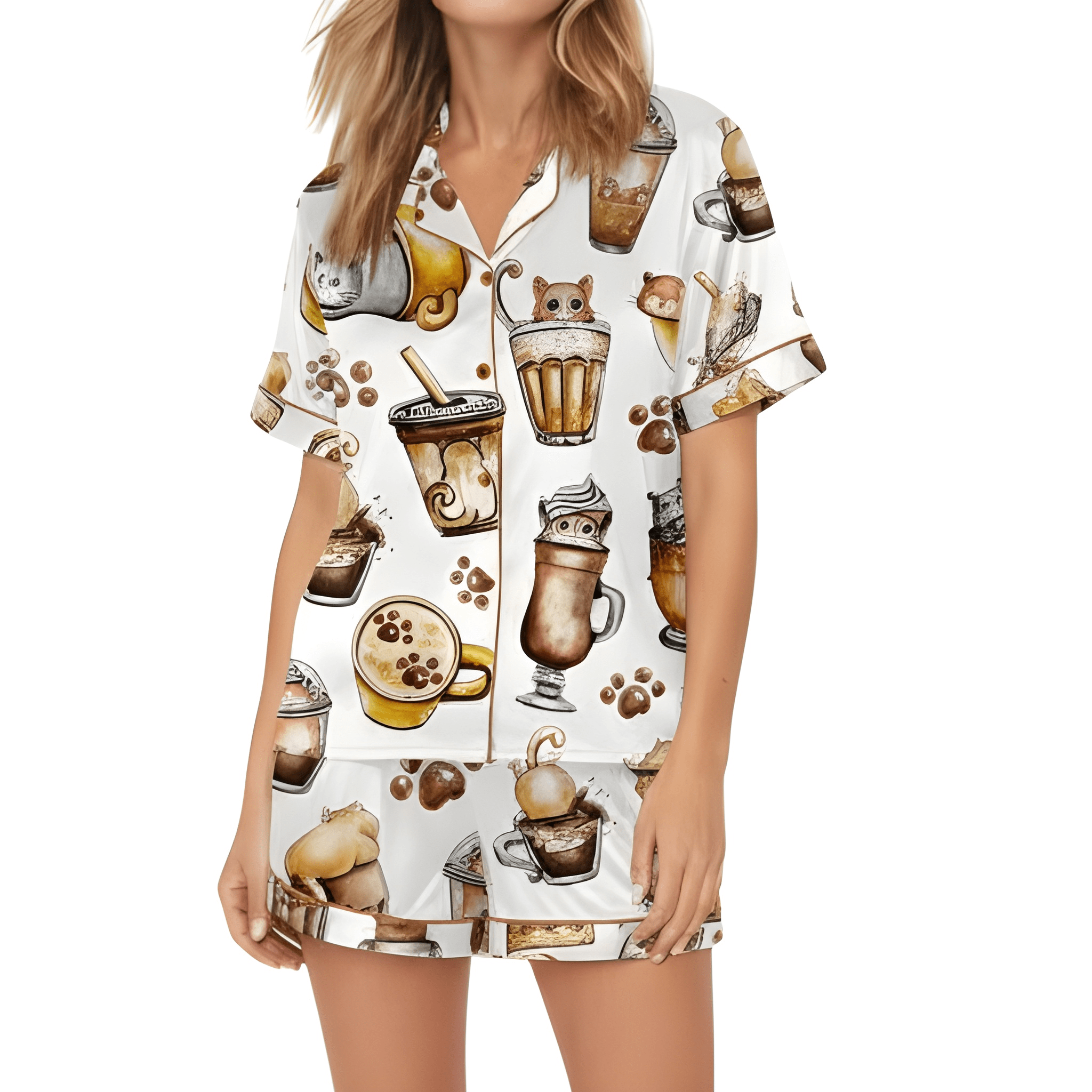 Coffee And Cats Satin Pajama Set