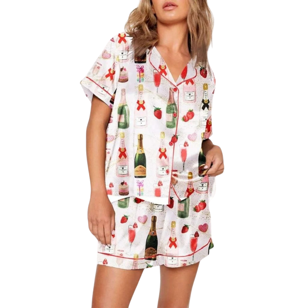 Festive Strawberry And Macaron Theme Pajama Set