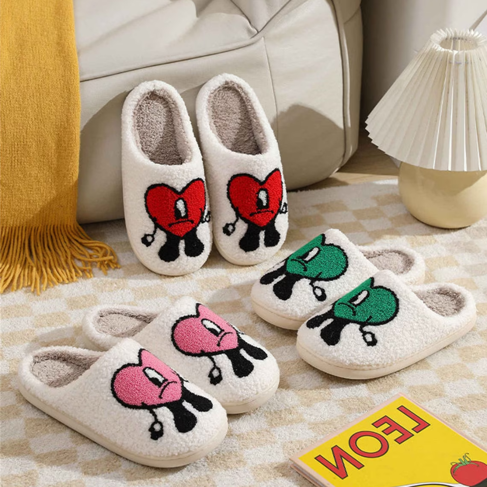 Heart Slippers Fluffy Bad Bunny Slippers | Winter Slides