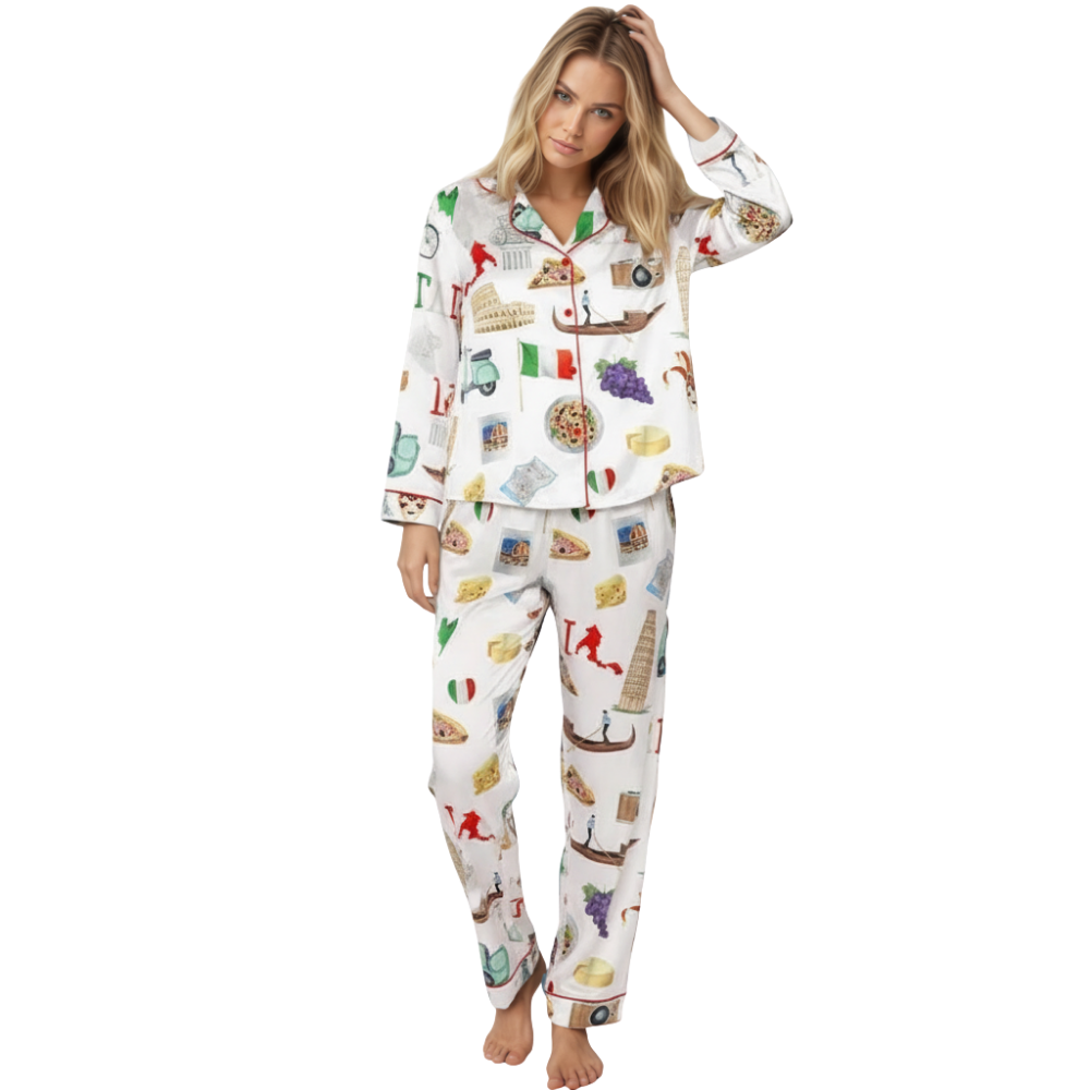 Italy Roma Travel Printed Satin Pajama Set