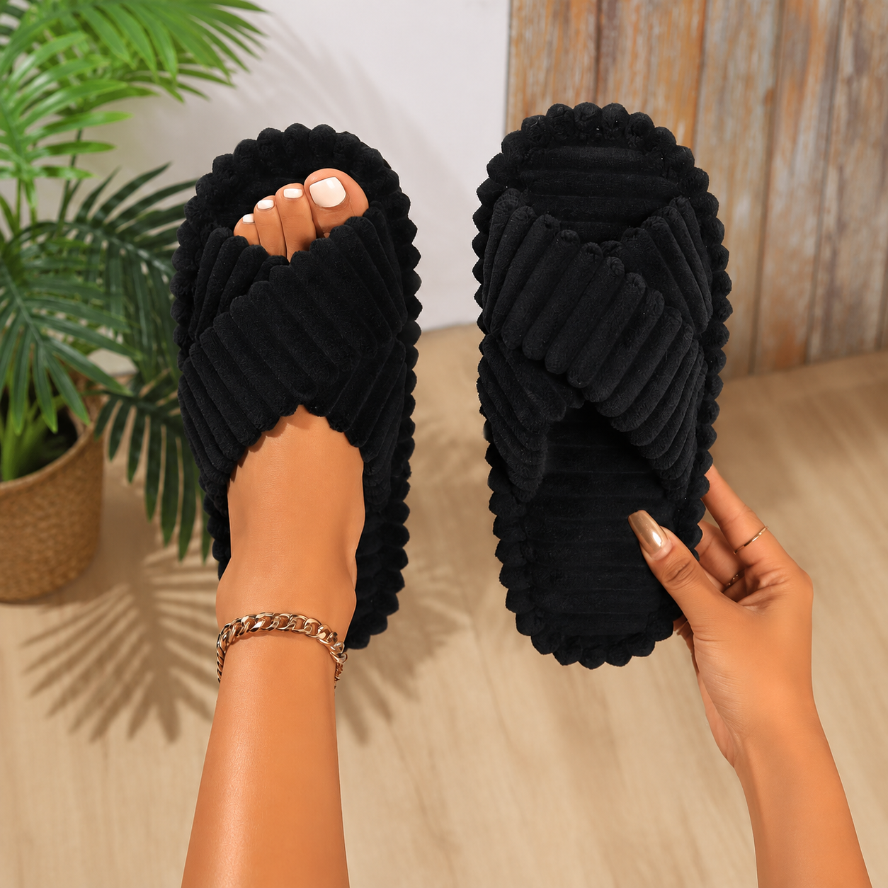 Cross Strap Fluffy Slip On Home Slippers For Women