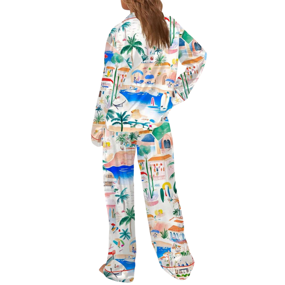 Italian Mediterranean Beach Themed Printed Satin Pajama Set