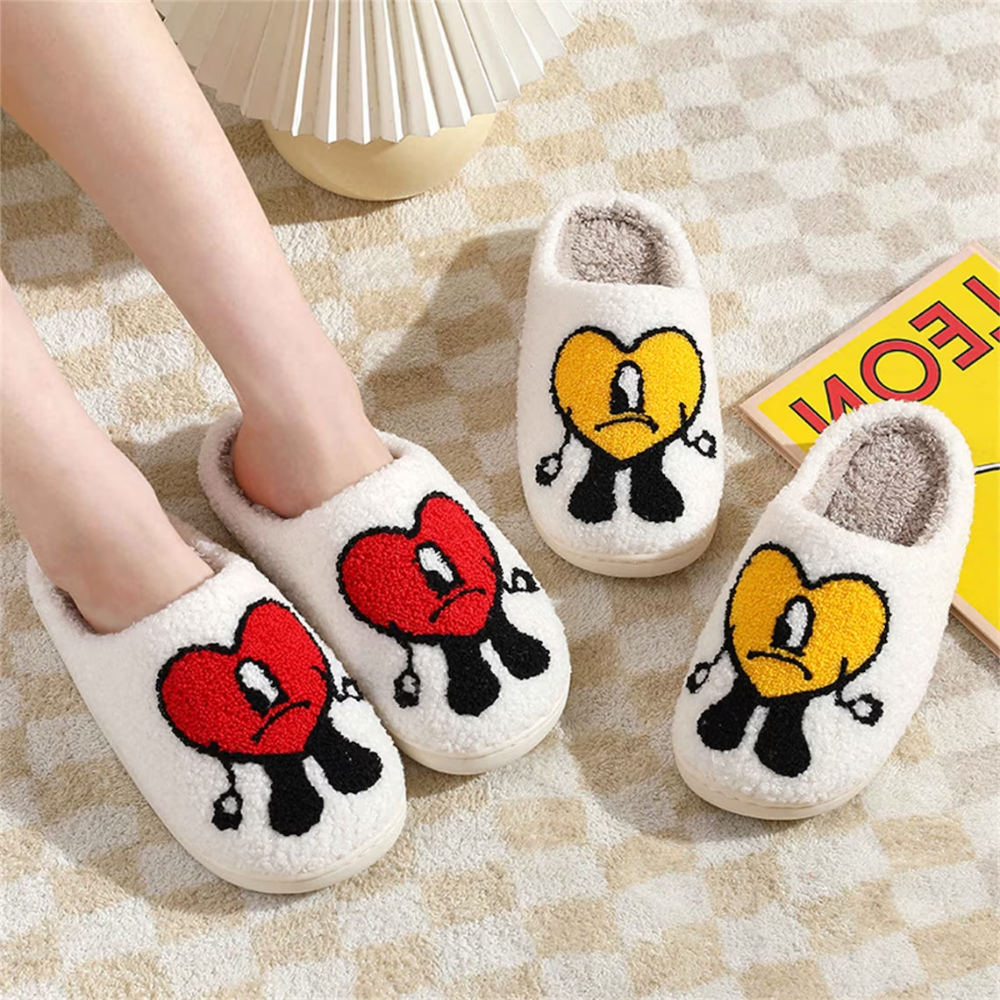 Heart Slippers Fluffy Bad Bunny Slippers | Winter Slides