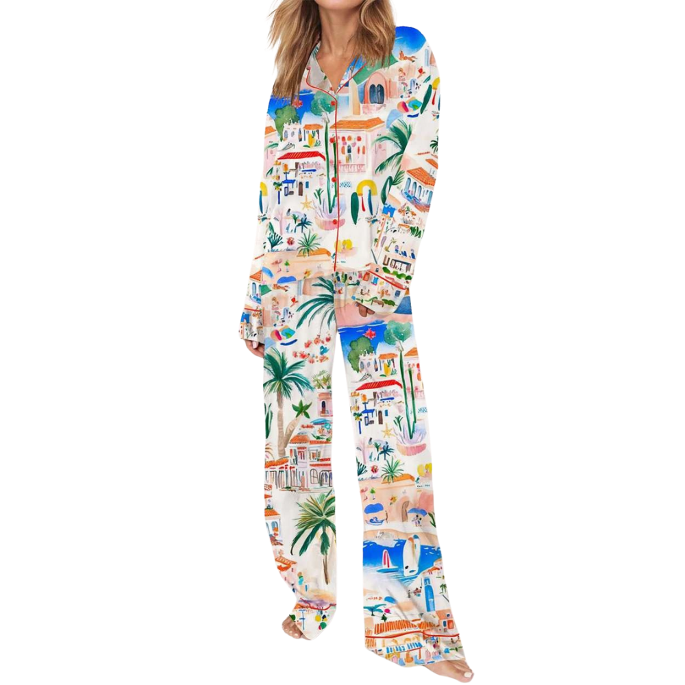 Italian Mediterranean Beach Themed Printed Satin Pajama Set