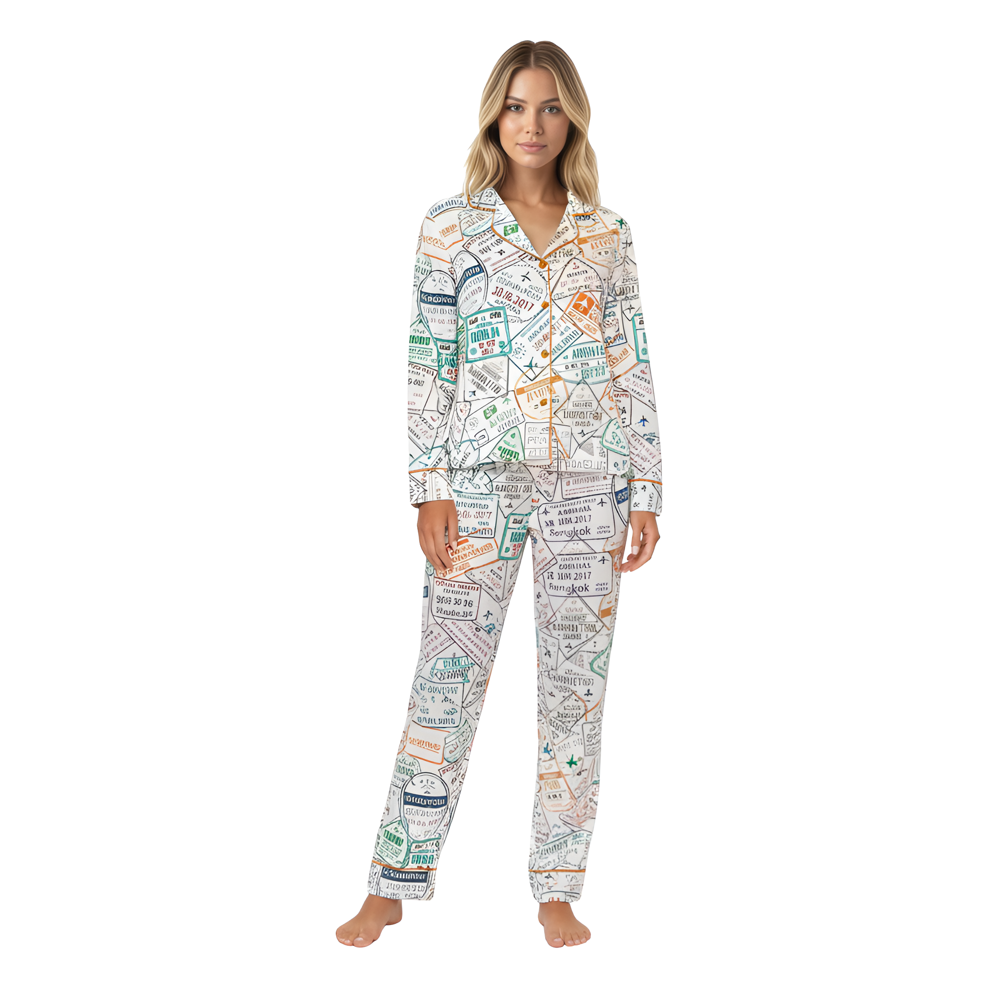 Passport Travel Stamps Printed Pajama Set
