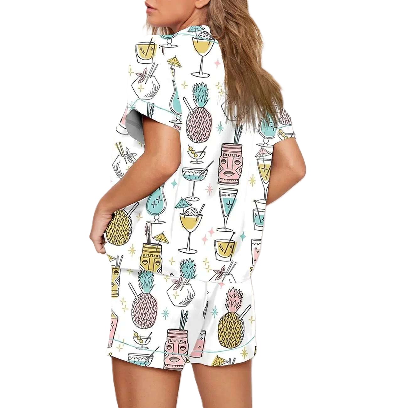 Tropical Drinks Print Pajama Set With Hawaiian Vibes