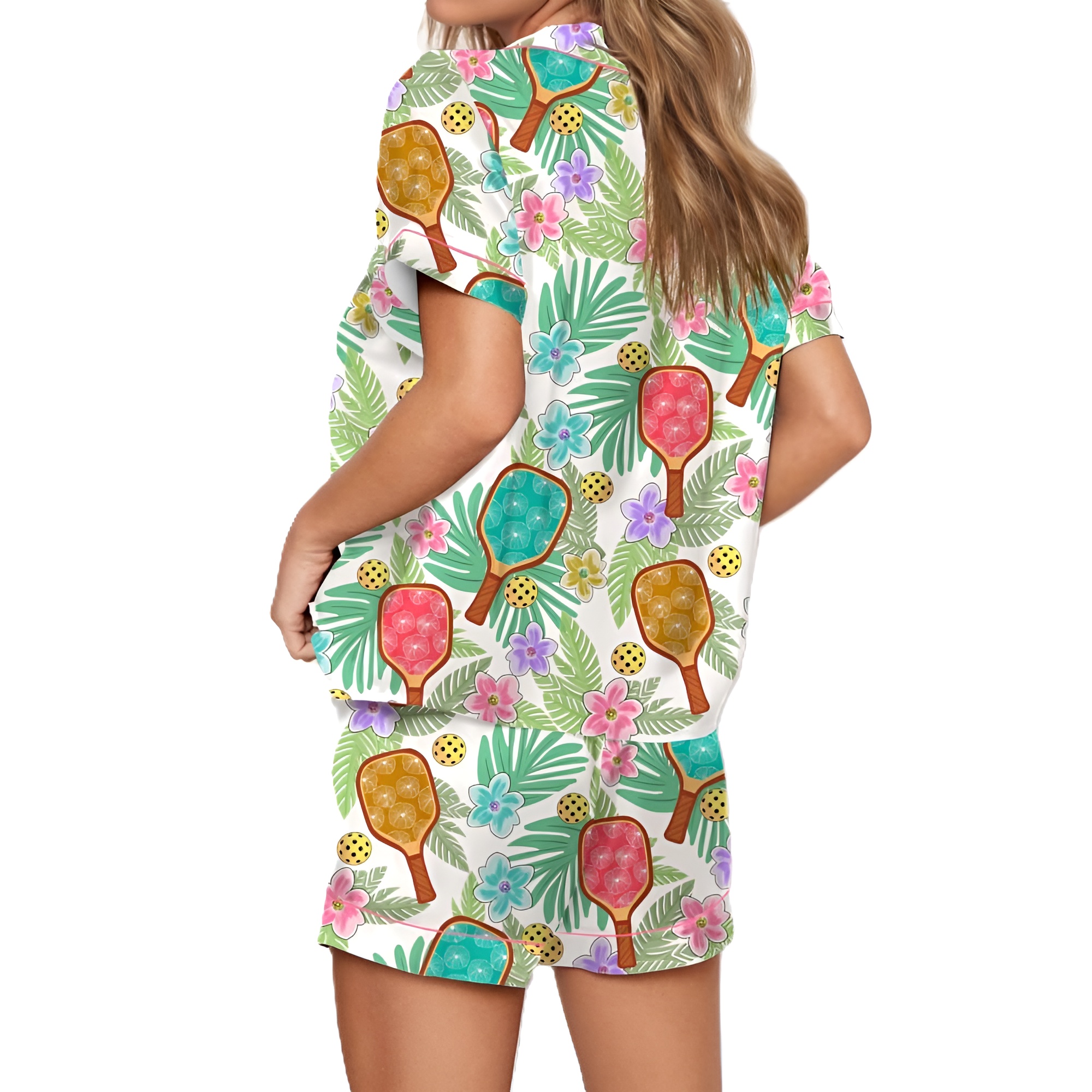 Tropical Pickleball Pajama Set With Short Sleeves And Matching Pants